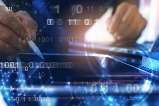 Internet technology digital software development IoT concept Coding programmer software developer working on smart phone and laptop with binary computer code