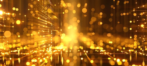 Intricate Data Visualization Panels with Glowing Golden Aesthetic for Corporate Strategy and Analytics