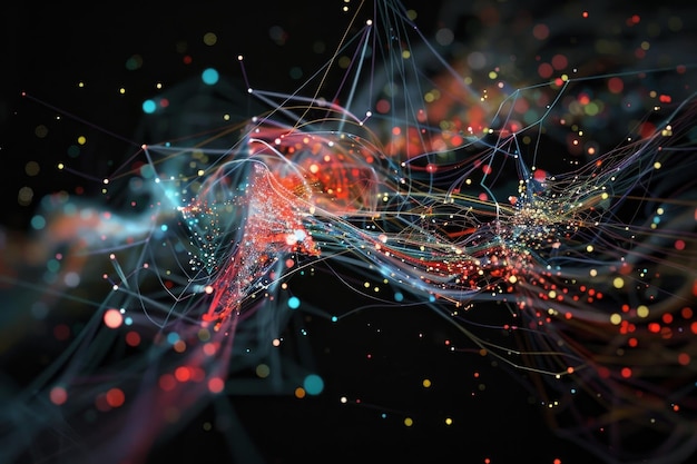 intricate network of lines and dots forming a complex pattern in a computer generated image a swirling web of interconnected nodes and links