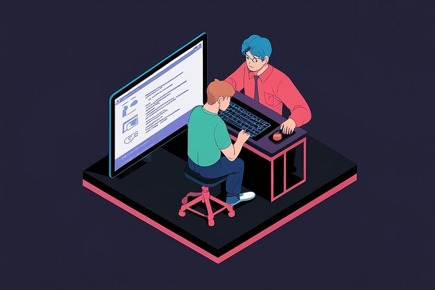 Isometric Businessman Programming Script with Blockchain Technology