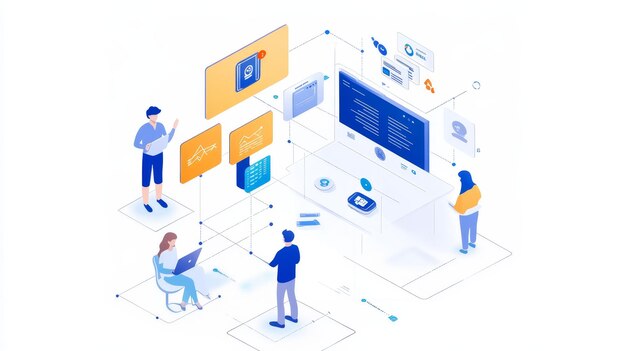 Isometric flat design concept of software development programming and coding