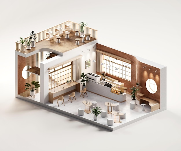 Isometric room minimal cafe store open inside interior architecture 3d rendering