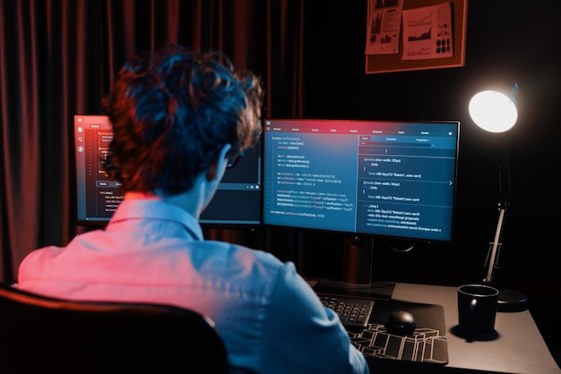 It developer creating online software information coding on pc screen gusher