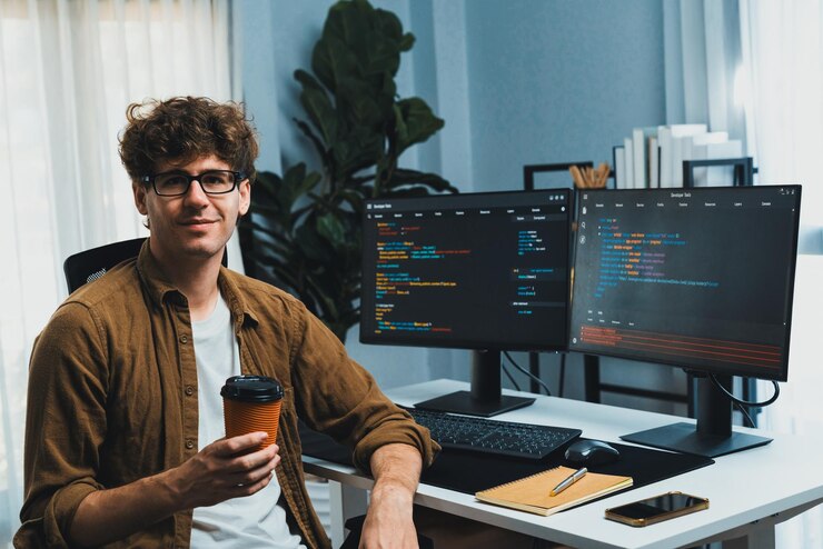 Photo it developer looking at camera and holding coffee cup gusher
