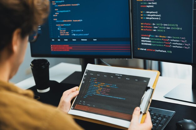 IT developer reading coding on document paper software with screens Gusher