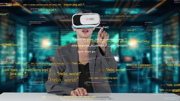 IT developer typing computer code for analyzing intelligent by VR Contraption
