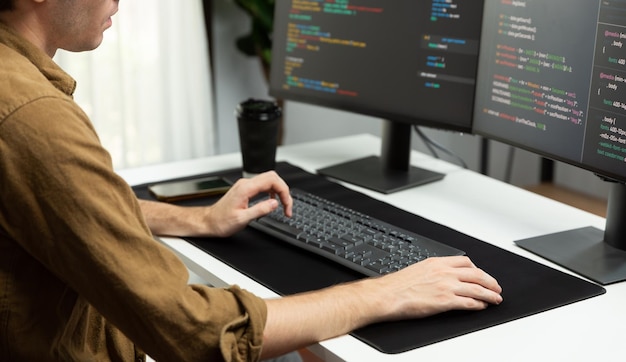 it developer with stressful overworked in creating online software code gusher