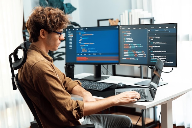 It developer with stressful overworked in creating online software code gusher