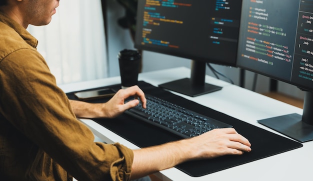 it developer with stressful overworked in creating online software code gusher