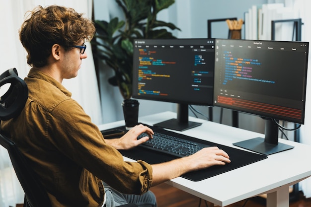 IT developer with stressful overworked in creating online software code Gusher