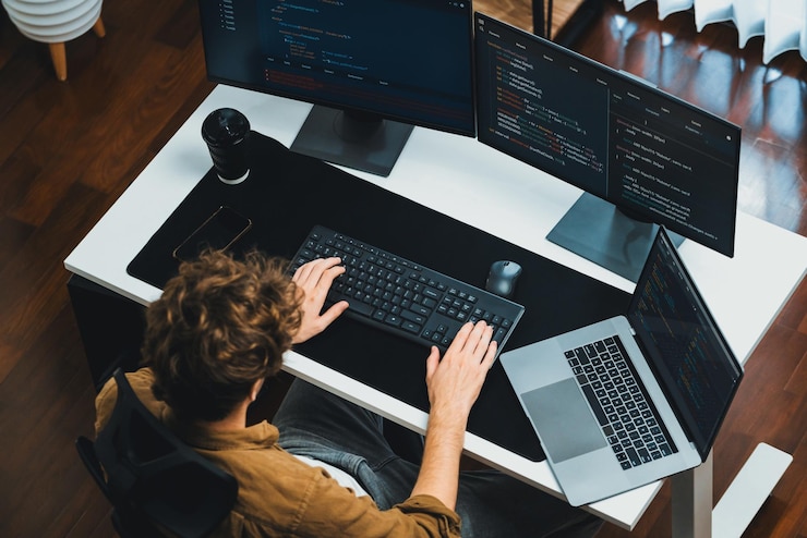 Photo it developer working online development on pc monitors on top view gusher