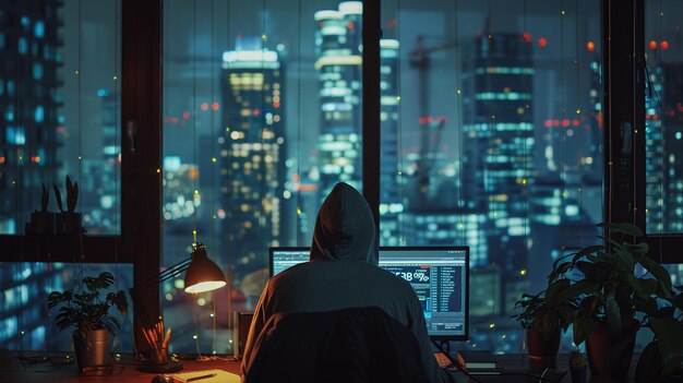 IT fraud criminal hacking security system to steal big data doing cyberattack and ransomware Coding virus to create malware and break into database servers using multiple monitors