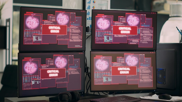 it office displaying critical error message flashing on screen, multiple monitors showing security breach warning and system crash. hacking attack alert and computer malfunction.