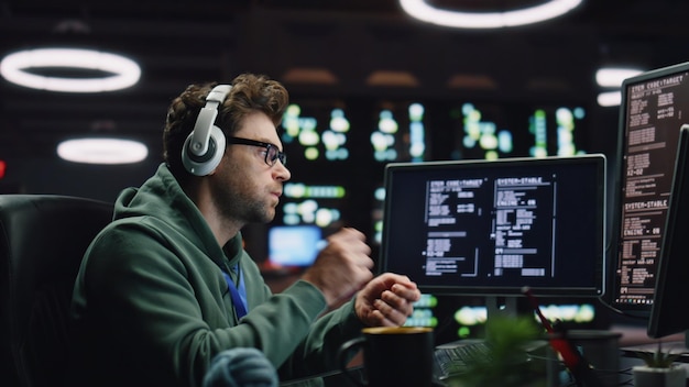 It programer listening headphones working desktop computer data center closeup
