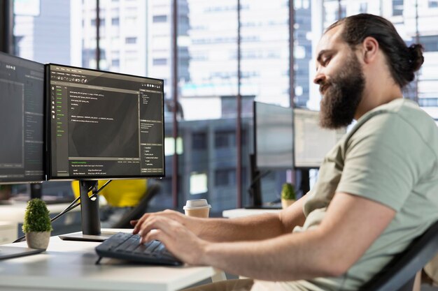 It worker writing code conducting experiments and tests to optimize machine learning models for