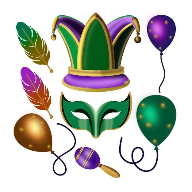 jester hat mask and maracas purple and green with golden mardi gras elements handdrawn