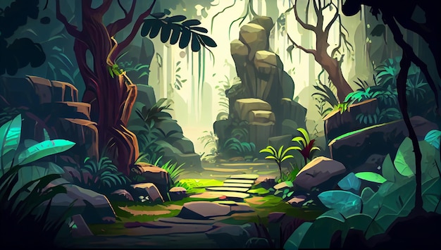 Jungle forest 2D background environment for a mobile game A high quality horizontal background landscape Gaming template design location Generative ai