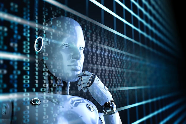 kết xuất 3D AI robot suy nghĩ hoặc tính toán