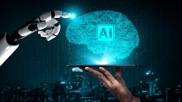 kết xuất 3D nghiên cứu AI trí tuệ nhân tạo về phát triển robot và cyborg