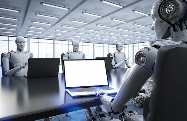Kết xuất 3D robot làm việc trong văn phòng hoặc phòng hội nghị