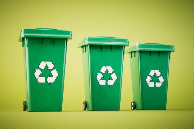 Khái niệm tái chế rác thải Thùng rác có biểu tượng tái chế trên nền xanh lá cây kết xuất 3D