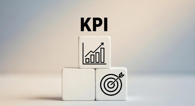 Kpi blocks with graph and target icons representing key performance indicator concept