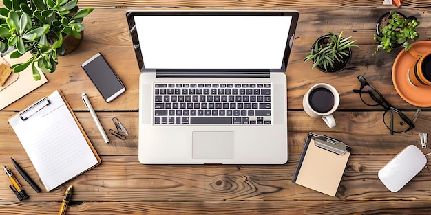 Laptop Coffee Cup and Plants on Wooden Desk Flat Lay Photography
