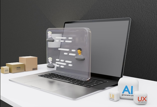 laptop desktop 3d illustration data analytics website seo algorithm ai ui ux programming generati