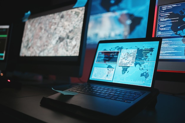 laptop screen cybersecurity and technology background for night surveillance data protection or worldwide coding gdpr satellite hacking and software development on computer monitor and global map