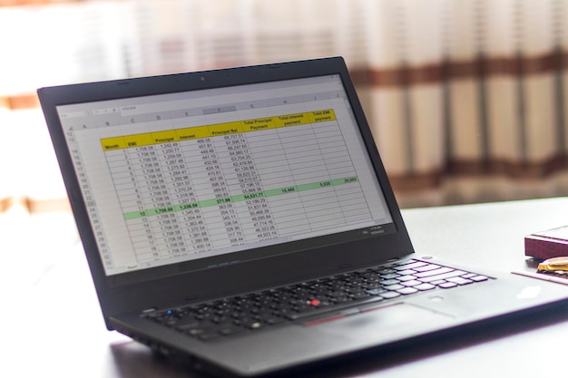 Laptop showing an excel sheet on the screen with bank loan amortization table Finance