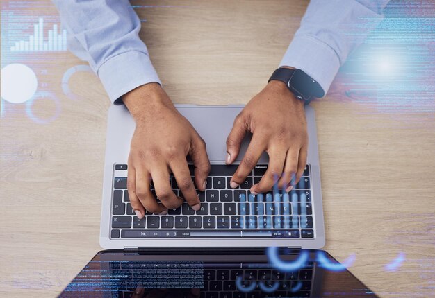 Laptop top view and business hands of hologram in office for networking website ui and digital data Cybersecurity programming and worker person on computer for user interface coding or software
