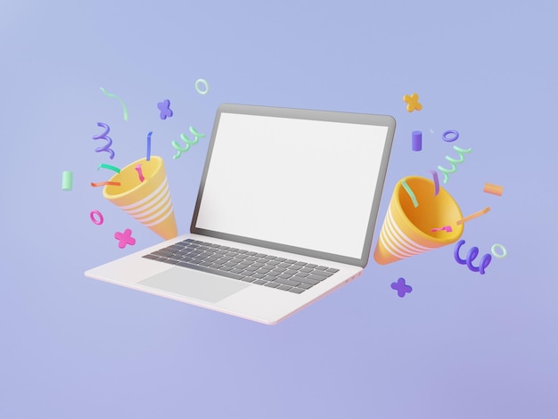 laptop white screen celebration confetti with colorful party popper congratulation new year festive flying on pastel background cartoon minimal christmas game fun education 3d render illustration