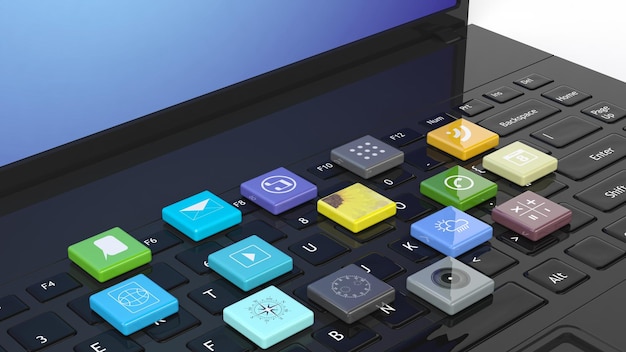 Laptop with beveled square apps on keyboard