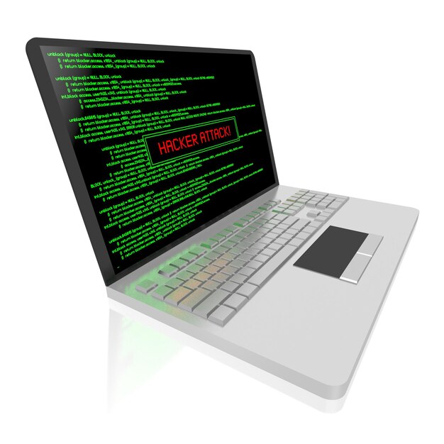 laptop with green application code on w screen hacker attack concept 3d illustration