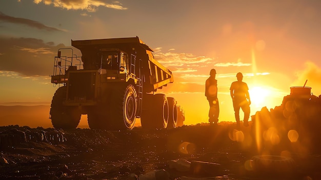 Large yellow haul truck at a mine with two workers standing in front of it