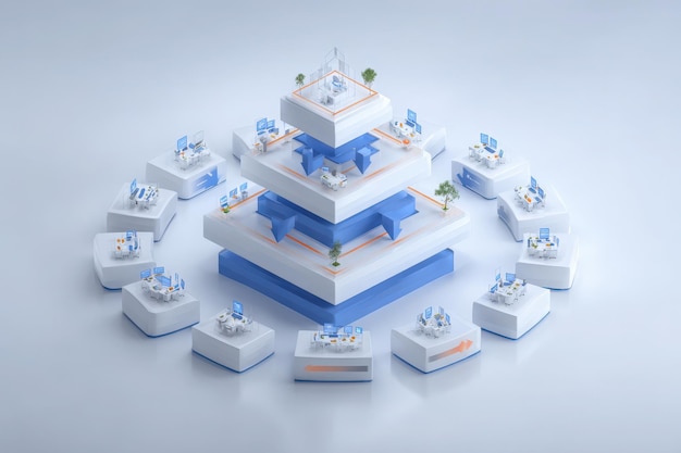 Layered workspace with multiple sections arranged in a circular layout Each level includes desks computers and plants promoting a collaborative and efficient working environment