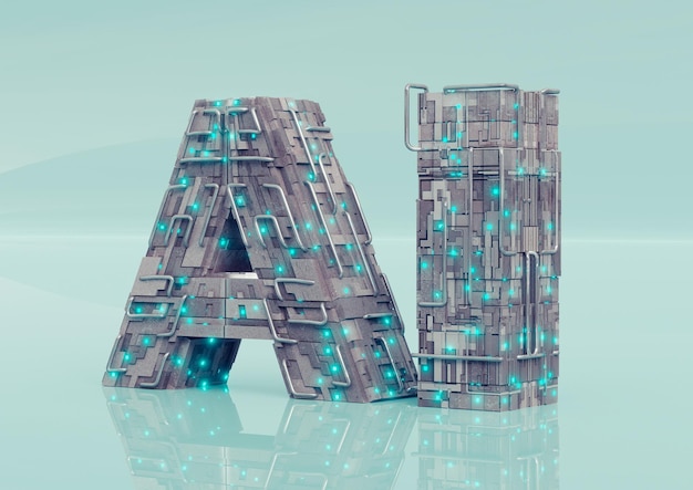 Letter AI Artificial intelligence cyberpunk typography text engine Technology concept Blender 3D