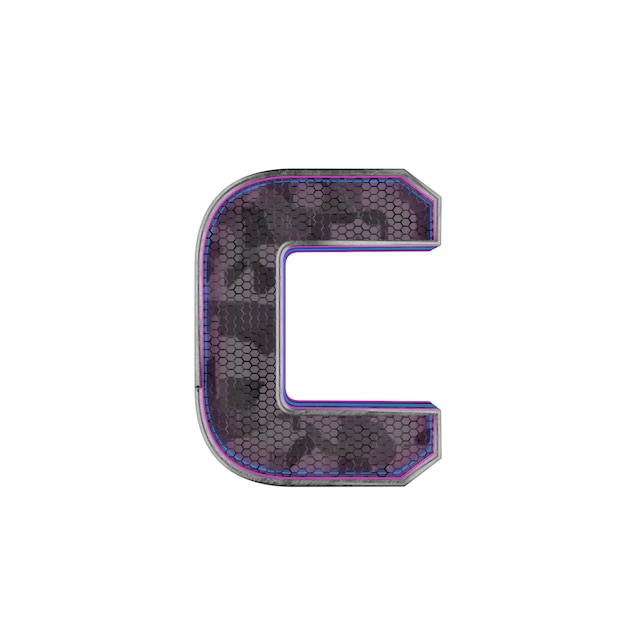 Letter c Metallic futuristic font with blue neon lights 3d render