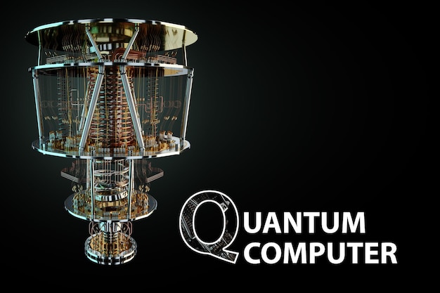 Lettering Quantum computer and gold silver mechanism isolated on black mechanism quantum computing quantum cryptography steampunk Q bits parallel computing 3D illustration 3D render