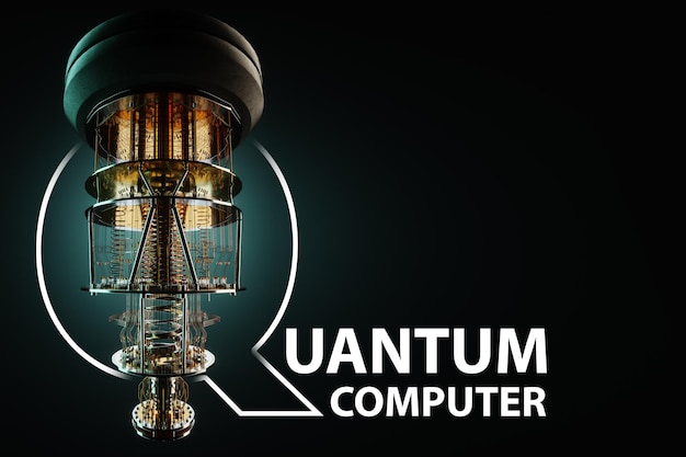 Lettering Quantum computer and gold silver mechanism isolated on black mechanism quantum computing quantum cryptography steampunk Q bits parallel computing 3D illustration 3D render