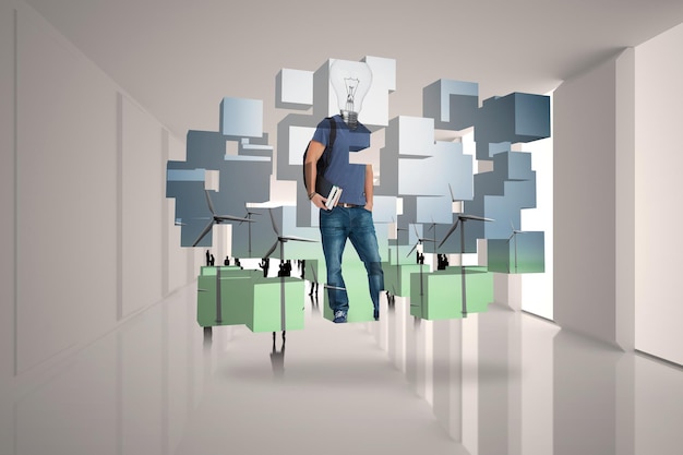 light bulb student on abstract screen against tiny figures in bright room