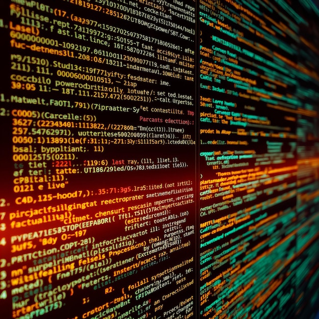 lines of code and characters representing software development emphasizing the glowing effect of bi