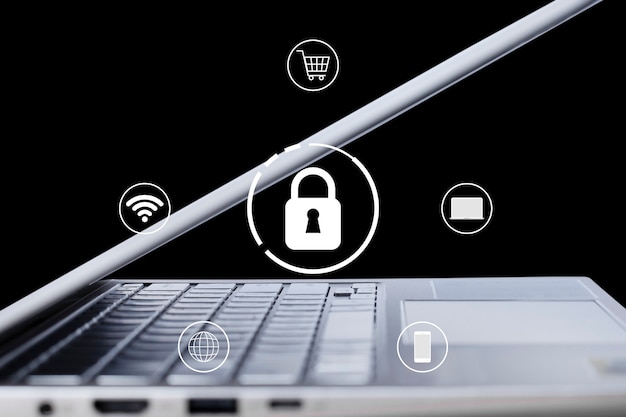 lock icon security technology with a computer laptop on black background