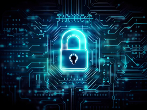 Lock in centre of circuit pattern Concept of data security cybersecurity encryption etc