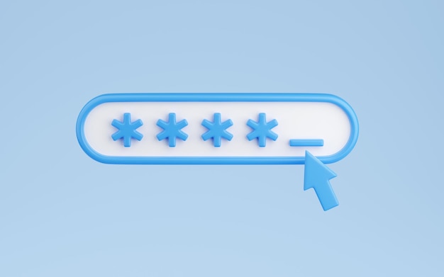 Locked password field with cursor 3d render input box with asterisks for passcode or pin
