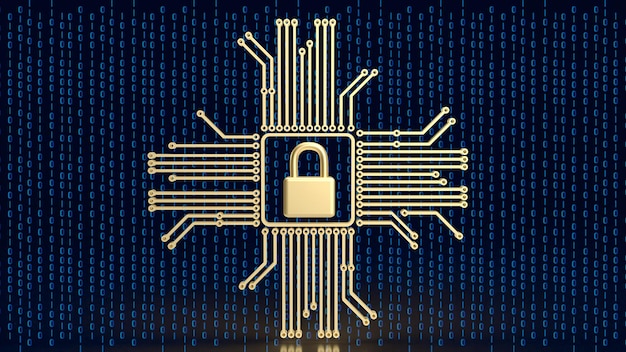 Logic và ổ khóa vàng cho bảo mật CNTT hoặc kết xuất 3D khái niệm công nghệ
