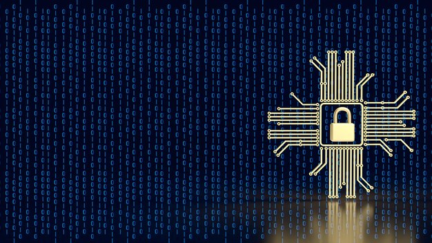 Logic và ổ khóa vàng cho bảo mật CNTT hoặc kết xuất 3D khái niệm công nghệ