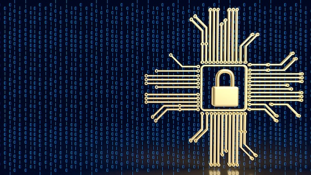 Logic và ổ khóa vàng cho bảo mật CNTT hoặc kết xuất 3D khái niệm công nghệ