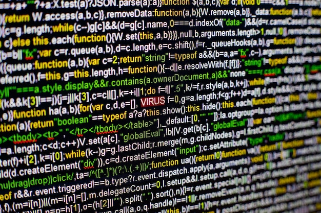 Macro photo of computer screen with program source code and highlighted virus inscription in the