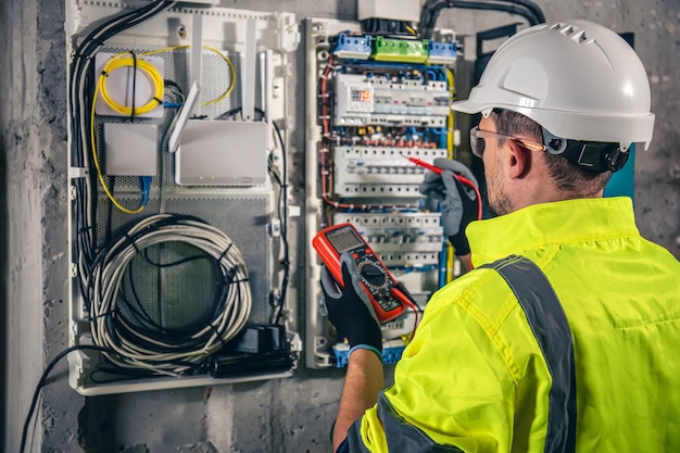 man an electrical technician working in a switchboard with fuses